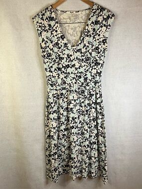 LL Bean Women’s Dress Sz XS White Black Turquoise Floral Casual Sundress Coastal